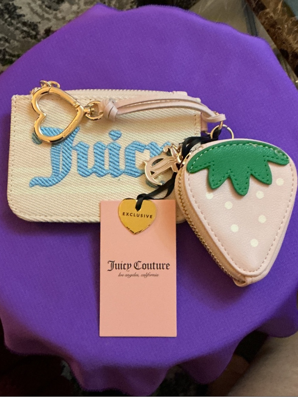 Juicy Couture Cream and Light Blue Logo Wristlet with Pink Strawberry Charm